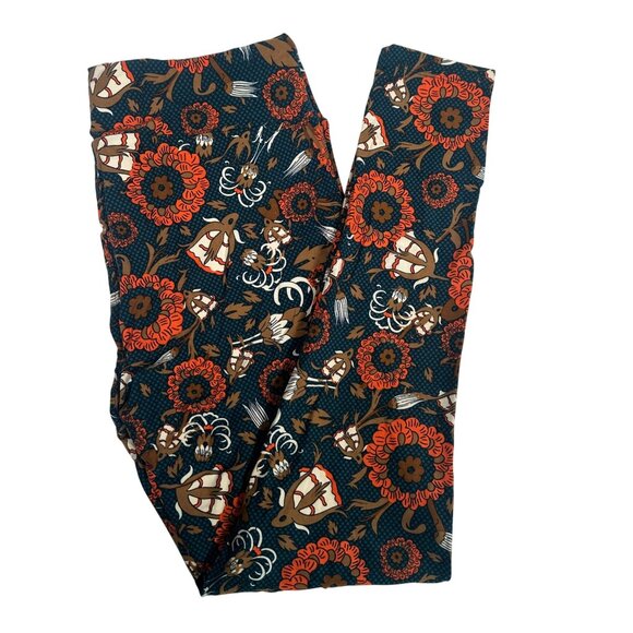 LuLaRoe Vintage Flowers Grannycore Blue Orange Brown Leggings Tall & Curvy TC - Picture 1 of 5